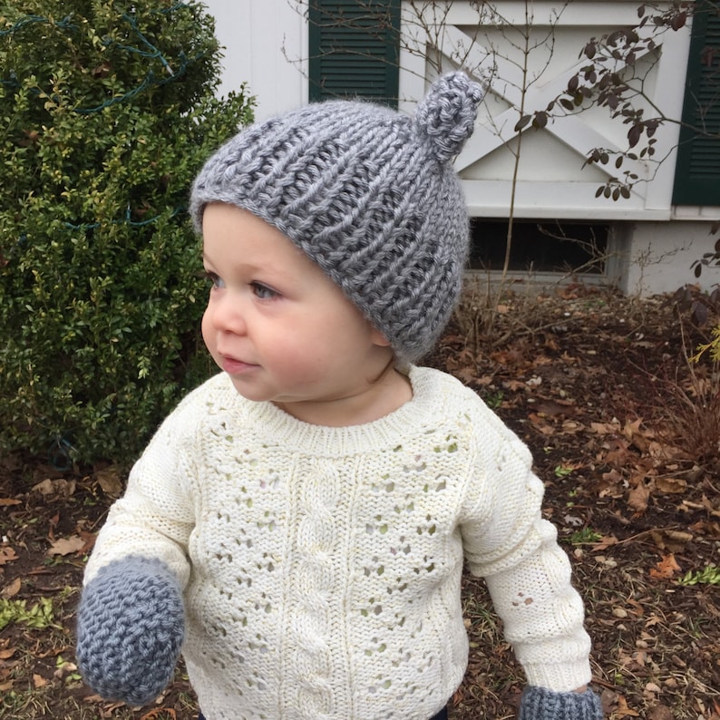 Grey Bear Ears Knit Hat and Mittens, Toddler Hat and Mittens Set