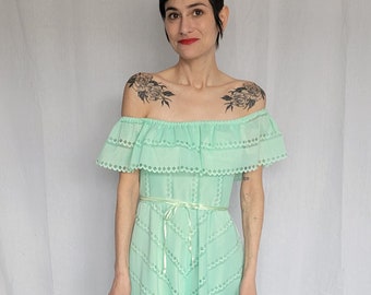 1960s mint green off the shoulder maxi