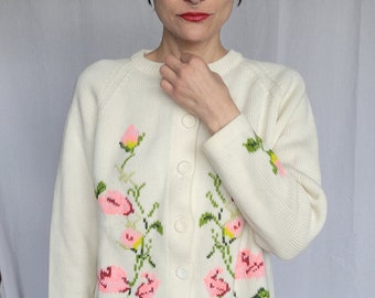1960s floral acrylic knit cardigan