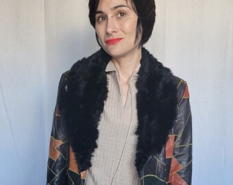 90s patchwork leather and rabbit fur trim jacket