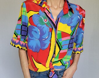 80s loud color pop poly blouse