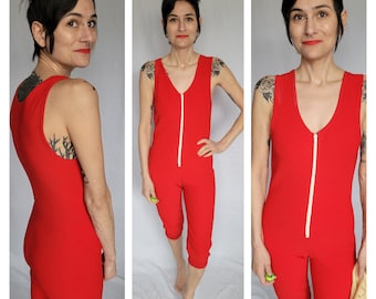 1980s red ribbed poly jumpsuit