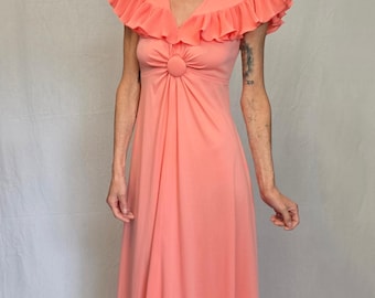 1970s Pink Ruffle Maxi Dress – Vintage Parfait Evening Gown Retro Disco Formal