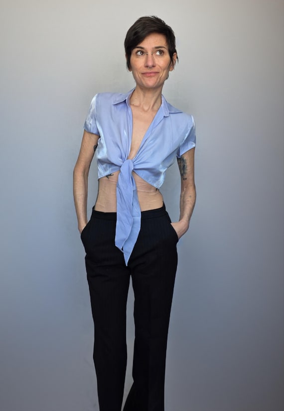 Vintage 90s Y2K Baby Blue Tie Front Crop Top by Scarlett