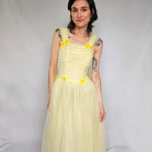1950s Yellow Chiffon Party Dress with Floral Accents