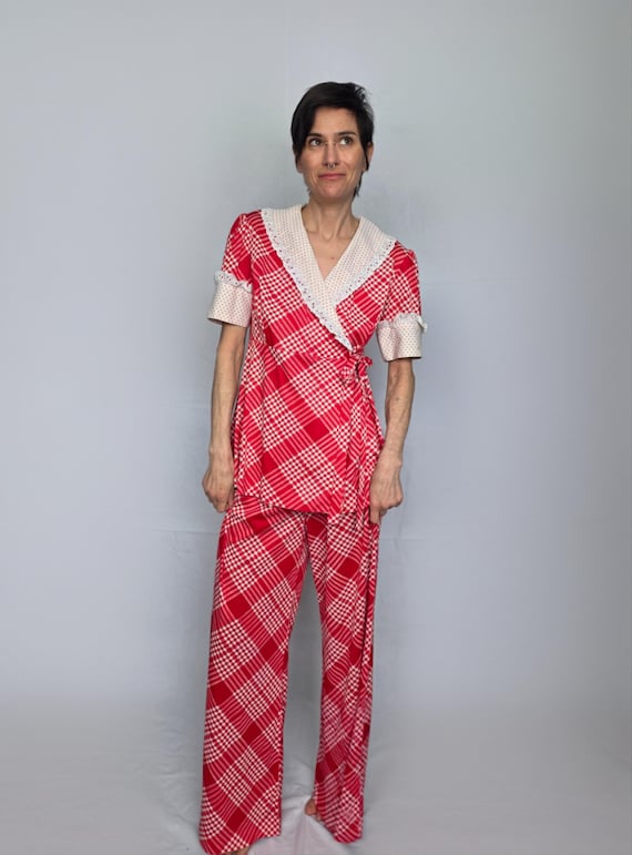 1970s JCPenney Red Plaid Lounge Set Wrap Top & Wide Leg Pants