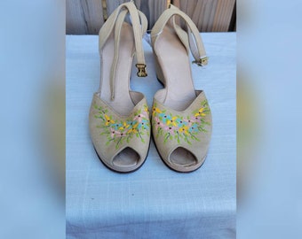 1940s hand painted peeptoe sandals size 5