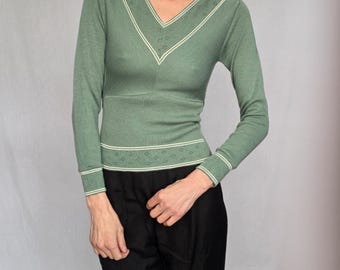 Vintage 1960s Sage Knit Top - Deadstock with Tie Back XXS