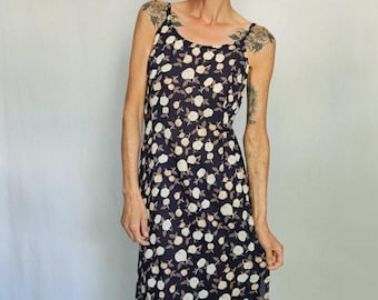 Vestido midi azul marino con estampado floral Babette de los años 90 (semitransparente, talla M)