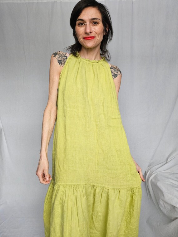 slim fit dress slacks Nyla Lime Green Linen Twist Modest Dress With Front Knot – House Of Haniya main image 1
