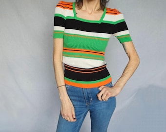 Vintage 70s Striped Ribbed Knit Top - Size XXS-S
