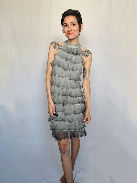 Imperial Gray Silk Tiered Ruffle Dress – Raw Edges & High Neckline