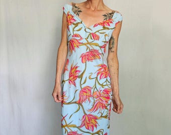 Y2K Poet Florales Midikleid – Weicher V-Ausschnitt mit tropischem Blütenmuster