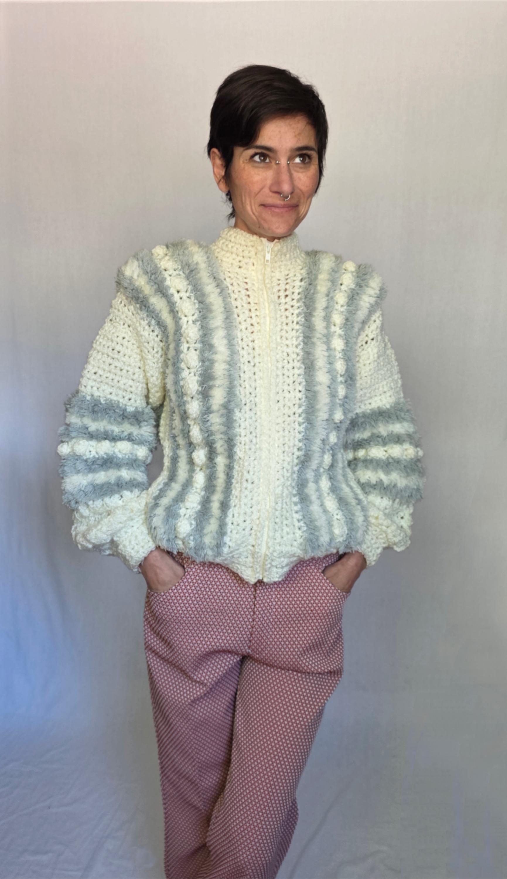 1980s Sears Acrylic Knit Zip up Sweater – Textured Striped 