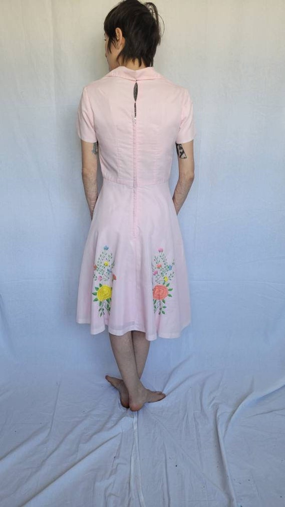 3XL 1950s Semi Sheer Day Dress Pink Pansy Button Front Print Short Sleeve