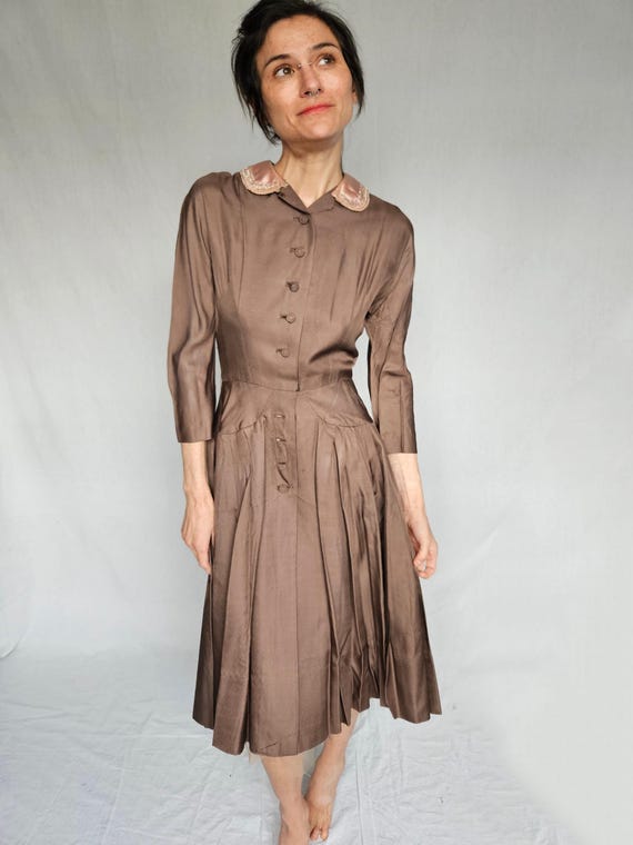 1950s Taupe Satin Day Dress by Fashion Preferred – Styled by Jack Liebman