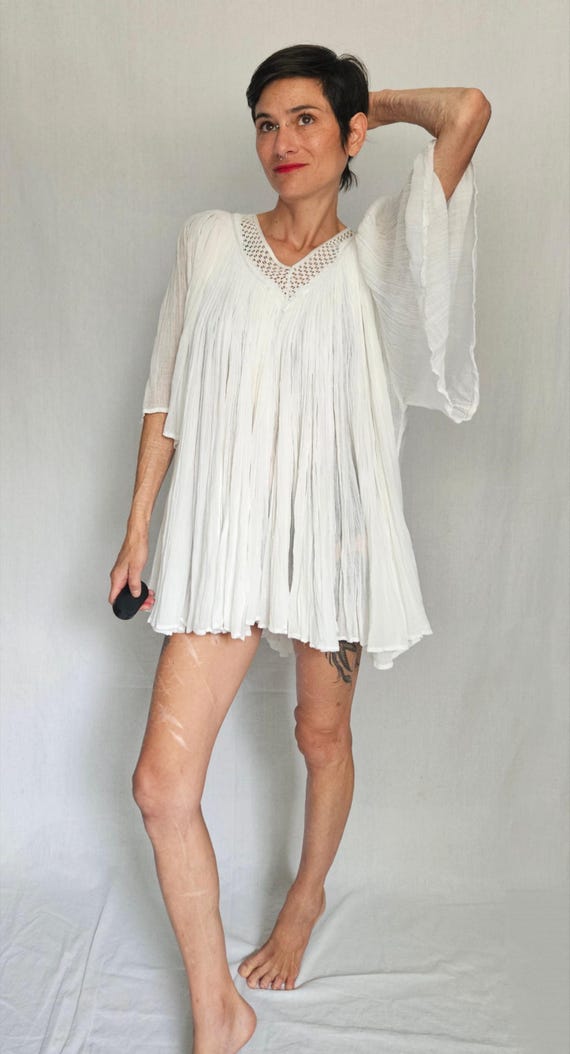 gauzy mini dress Vintage Gauzy Cotton Mini Dress – White Boho Angel Sleeve Tunic O/S