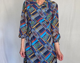 1970s Geometric Print Mod Mini Dress Long Sleeve S