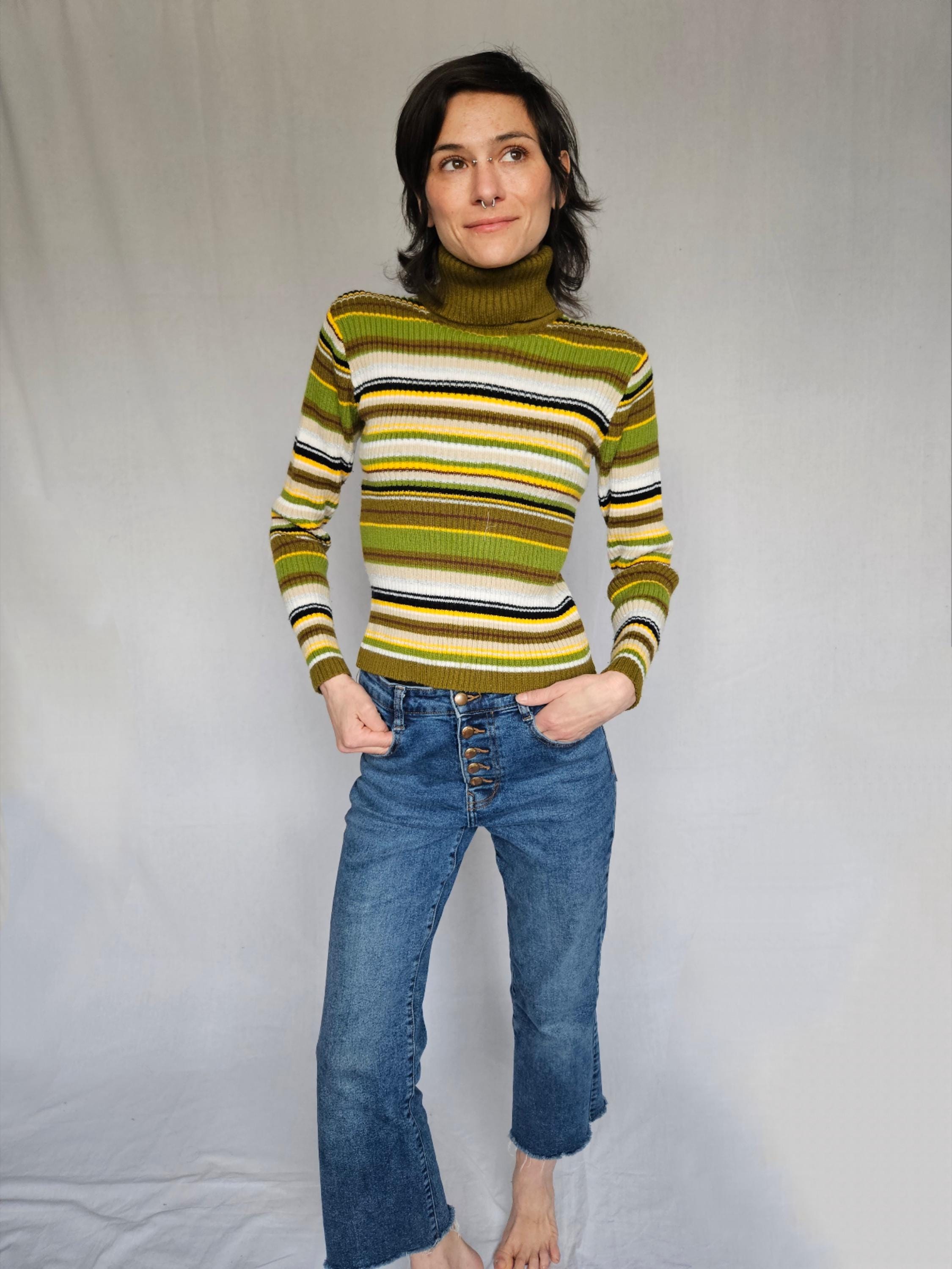 Vintage 90s Striped Turtleneck With Silver Thread Detail- XS
