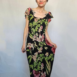 90s Bias Cut Floral Dress – Black with Beaded Detail M