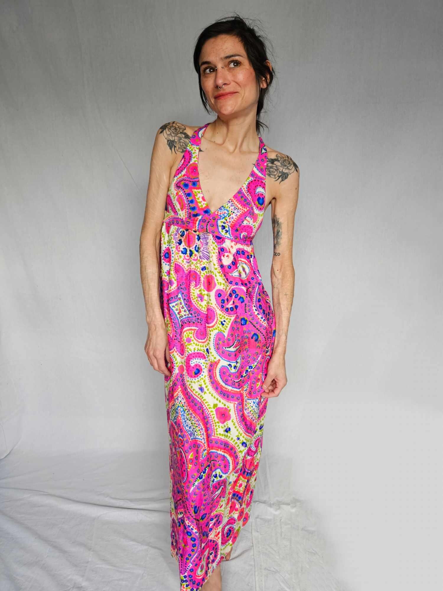 pink hawaiian print halter dress Gardenia Halter Mini Dress