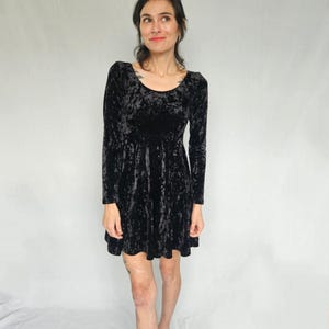 1990s X:S Black Crushed Velvet Mini Dress – Long Sleeve Fit & Flare, Size S