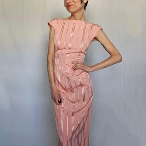 1930s Dusty Rose Satin Stripe Bias Cut Evening Gown with Low Back and Peplum