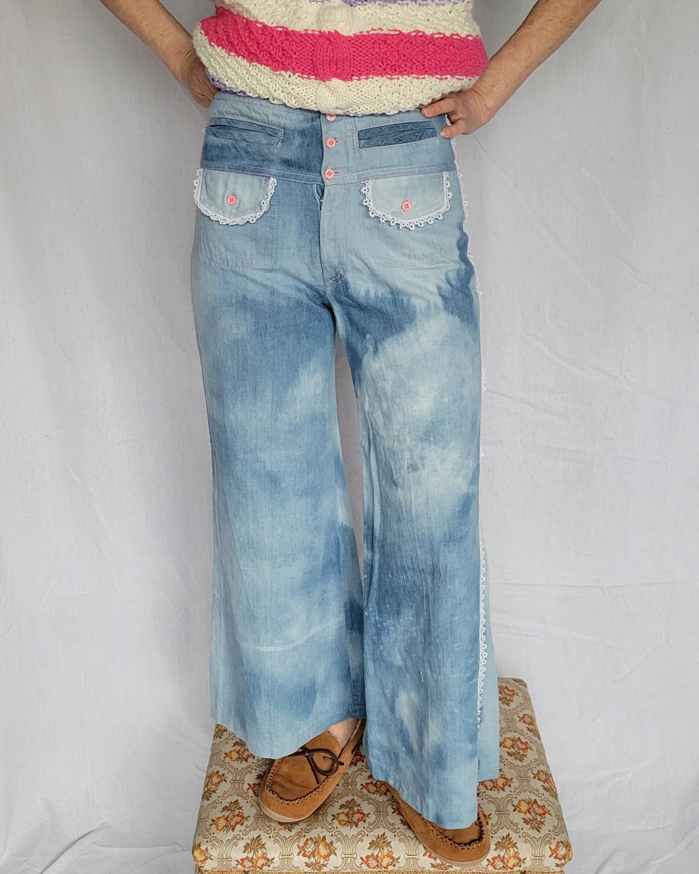 70s Faded Bell Bottom Jeans 30x30.5 / Vintage 1970s Faded Hip Hugger  Elephant Bellbottom Jeans / 1970s 30 31 Waist Flared Jeans