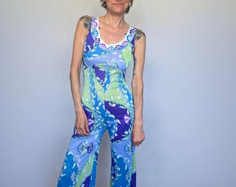Mono Emilio Pucci de los años 60: Estilo vintage de pierna ancha (azul verdoso) Talla S petite