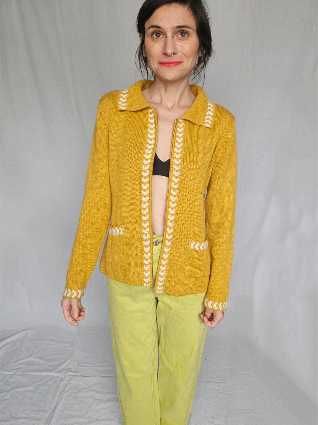 【半額】 Acrylic Mustard 70s Late Vintage Cardigan (as Small/medium - トップス