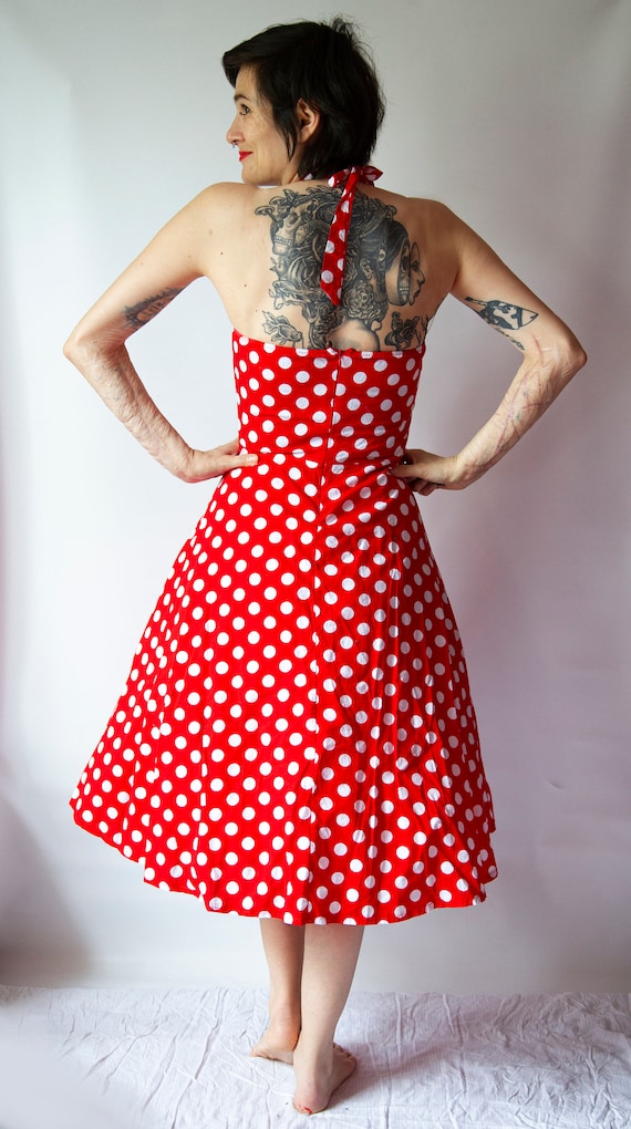 Abito Rockabilly Anni '50 - Vestito Pin Up Con Scollo A V E Stampa Pois Rosso - Foto 12