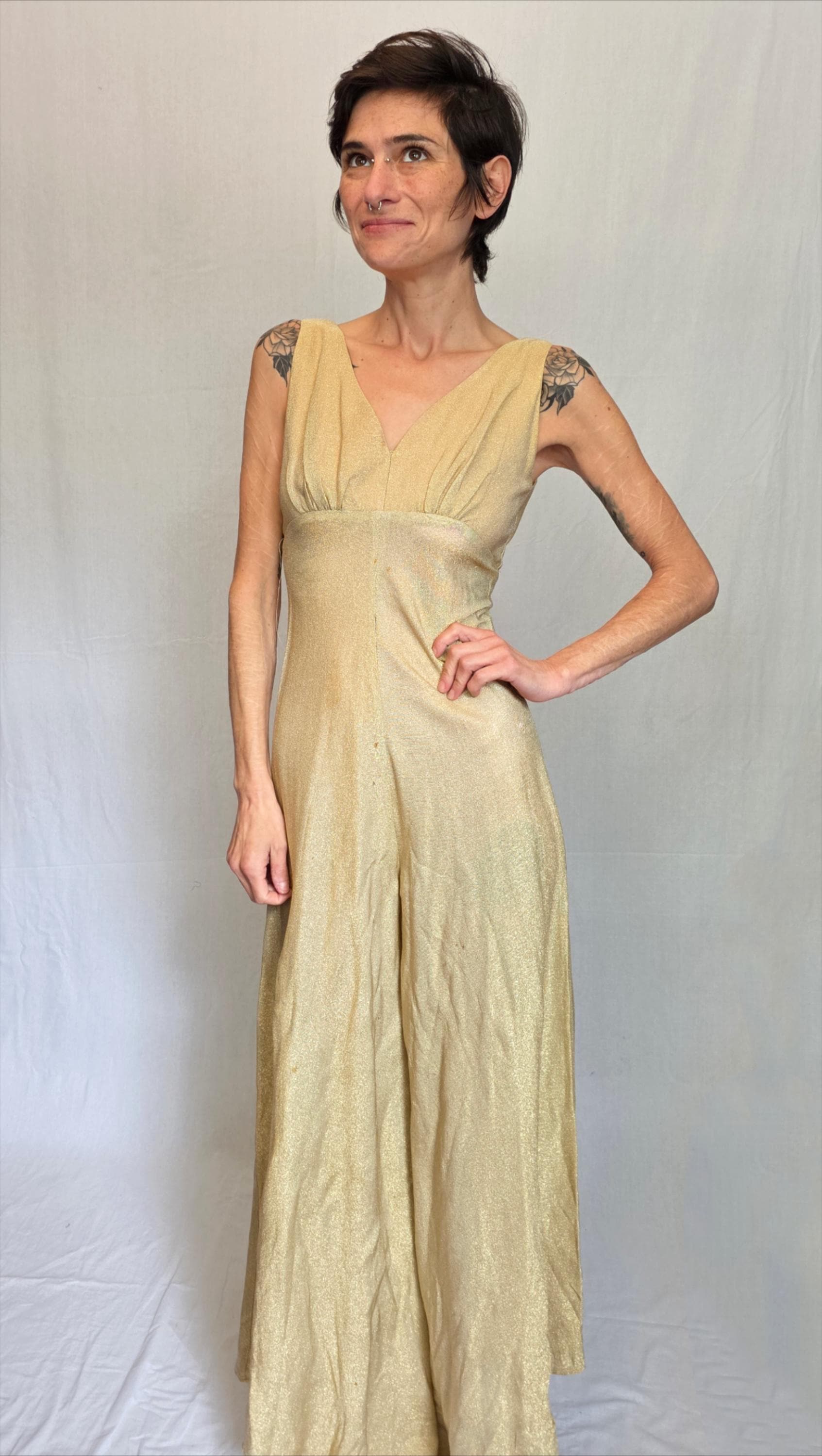 70s gold lame dress Short Metallic-Lace A-Line Homecoming Dress