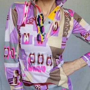 Deadstock Lady Anne Abstract Tunic Blouse – Purple Geometric Print – XS