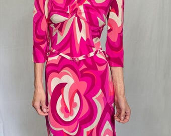 Y2K InWear roze zijden jurk met print en riem – maat 6/8