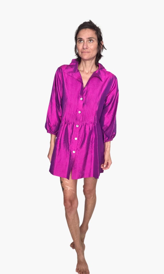 Vintage Suda Boutique Fuchsia Silk Pintuck Tunic Dress | Oversized Silk Blouse