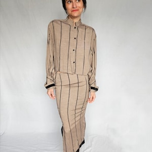 1940s Vintage Two-Piece Skirt Set – Katharine Hepburn Style in Tan with Gold-Threaded Stripes