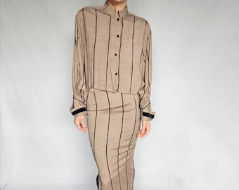 1940s Vintage Two-Piece Skirt Set – Katharine Hepburn Style in Tan with Gold-Threaded Stripes