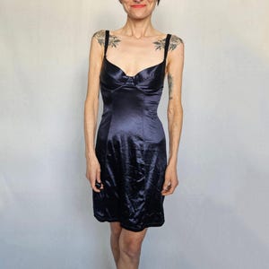 90s Navy Satin Mini Dress – Lingerie-Inspired Fit & Flare XS/S