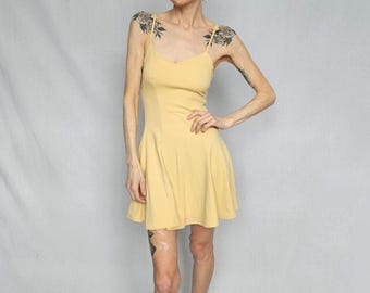 90s Mini Dress: Ribbed Pastel Yellow - Spaghetti Straps, XS