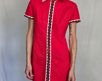 1960s Red Mod Mini Dress Zip Front Trim Detail S