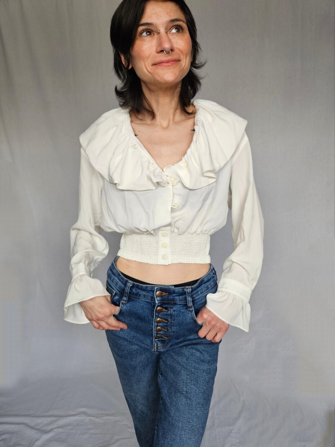 1990s Ruffle Cropped Blouse- S/SM - Etsy