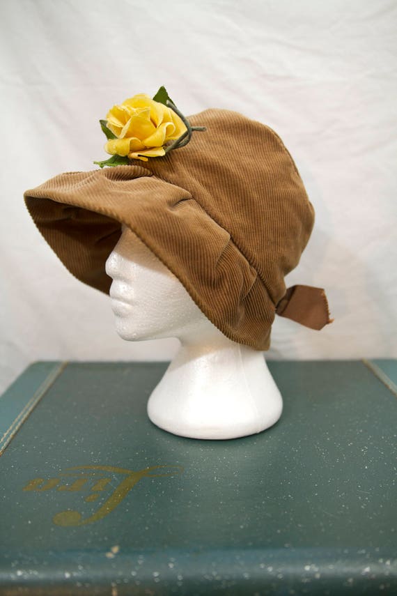 1940's corduroy hat with yellow velvet rose