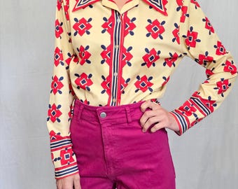 Chemisier Vintage Années 70 Rouge à Imprimé Floral - Taille 8, Coton, Manches Longues | Mode Rétro Femme