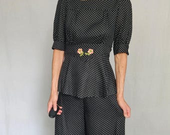 1970s Polka Dot Pants Set Wide Leg & Peplum Top – Nu Mode Vintage XS