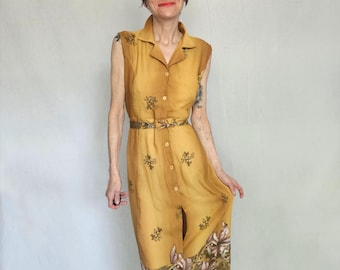 90s Mustard Floral Border Dress – Sleeveless Button-Up