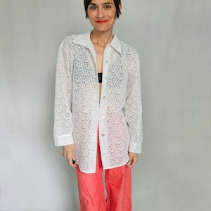 Vintage 80s White Eyelet Lace Blouse – M/L