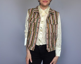 Ambra Roma Tapestry Vest Striped Brocade Button Front Boho Utility 42