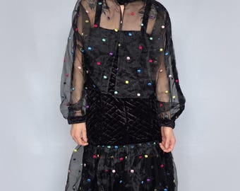 Vintage 1980s Black Velvet Polka Dot Dress Sheer Organza Set by Anatif Paris