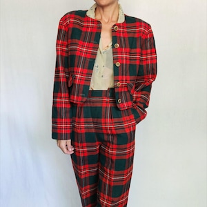 Vintage 90s Wool Plaid Suit: Red & Green Tartan Blazer, High Waist Trousers