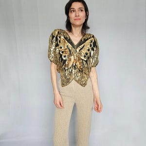 Sequin Butterfly Top: Retro 70s Style (Gold Black, Size XS)